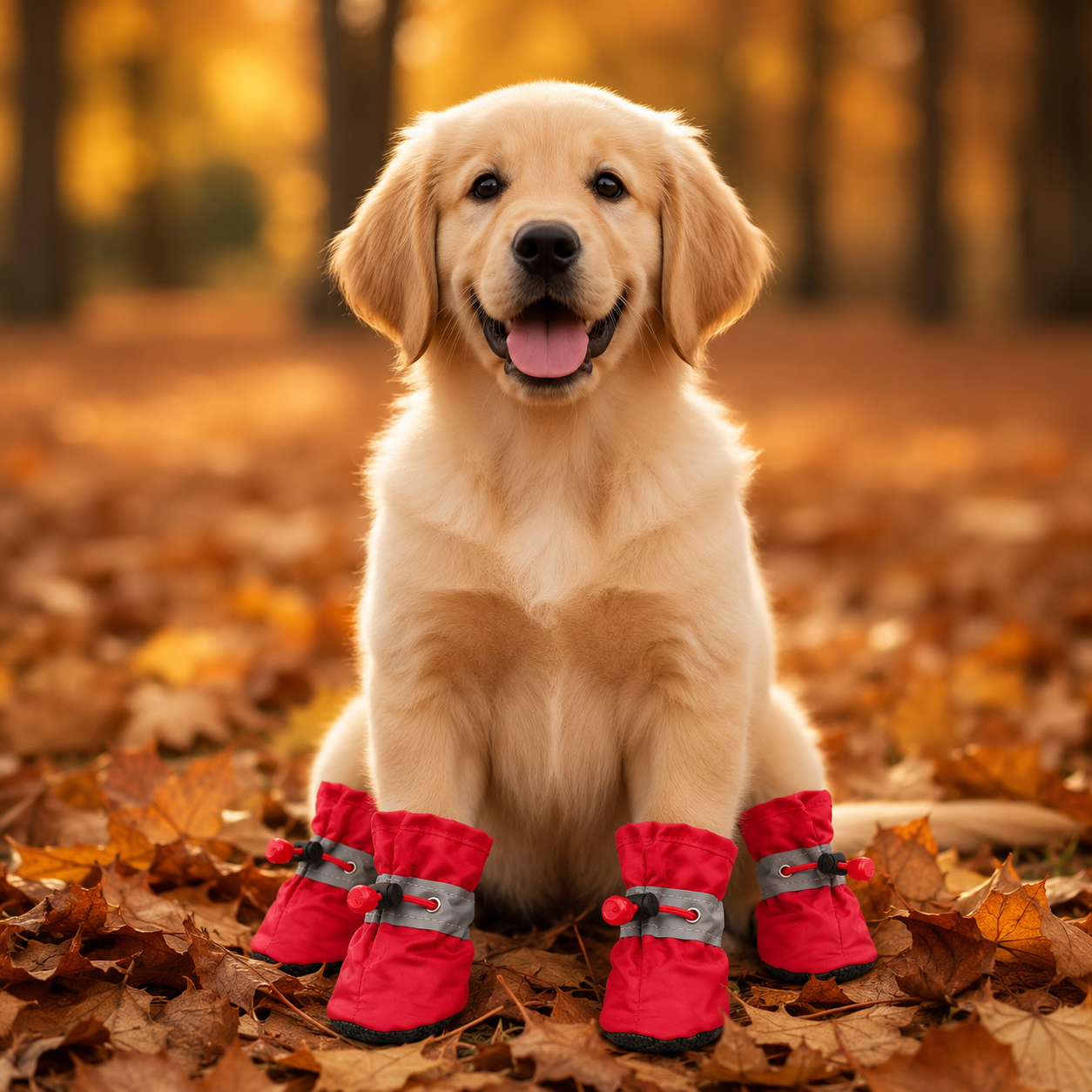 Happy golden retriever puppy wearing red Dooties booties